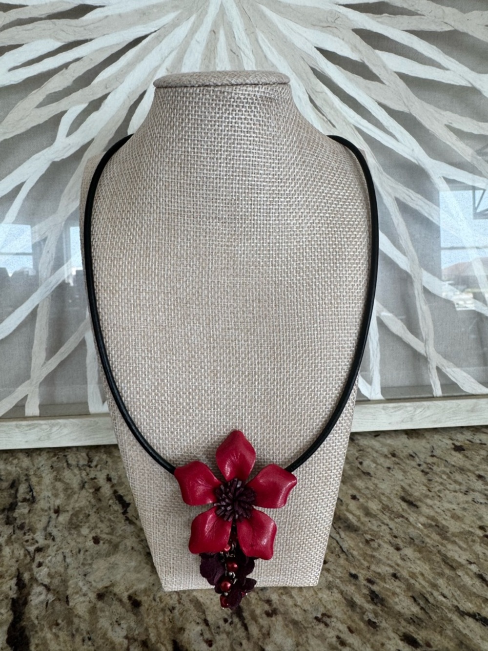 Beautiful Red Floral Pendant Necklace on Black Cord NWT